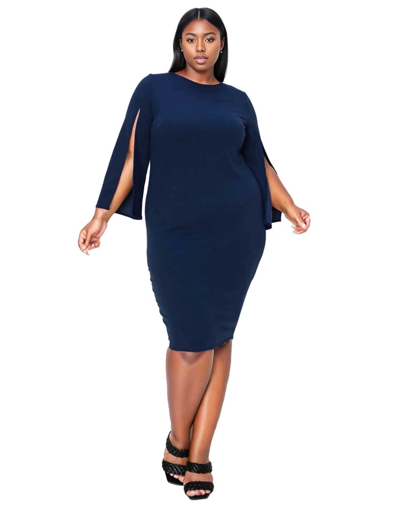 Front of a model wearing a size 14|16 Clementine Slit Sleeve Dress in Navy by L I V D. | dia_product_style_image_id:363618